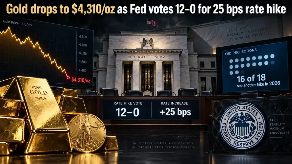 Gold price drops to $4,310/oz as Fed votes 12-0 in favor of 25 bps rate hike, with 16 of 18 policymakers seeing another hike in 2026