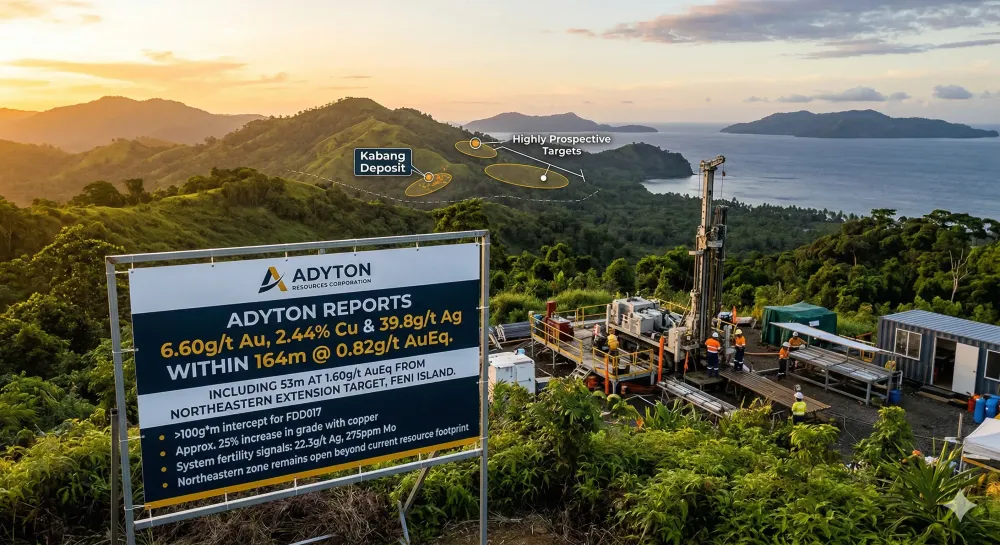 ADYTON REPORTS 6.60g/t Au, 2.44% Cu AND 39.8g/t Ag WITHIN 164m @ 0.82g/t AuEq INCLUDING 53m AT 1.60g/t AuEq FROM THE NORTHEASTERN EXTENSION TARGET, FENI ISLAND