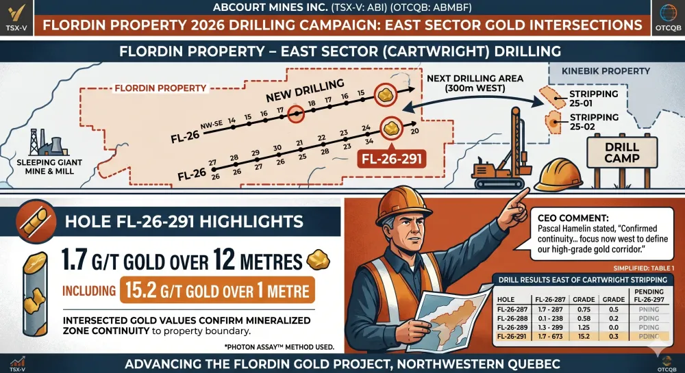 Abcourt intersects 1.7 g/t gold over 12 metres including 15.2 g/t gold over 1 metre in drilling on its Flordin property, in the eastern extension of the Cartwright stripping