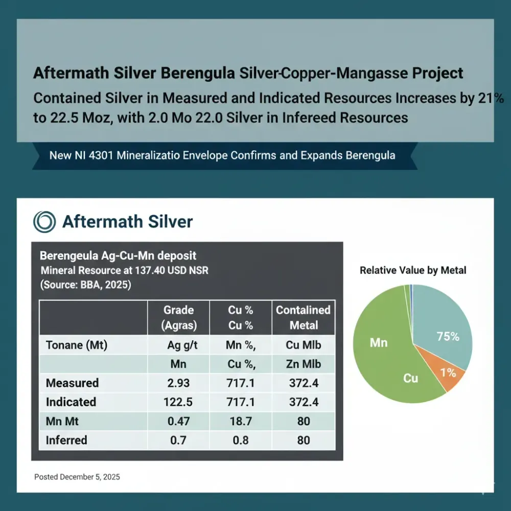 Aftermath Silver Berenguela Silver-Copper-Manganese Project: Contained Silver in Measured and Indicated Resources Increases by 21% to 122.5 Moz, with 22.0 Moz of Silver in Inferred Resources