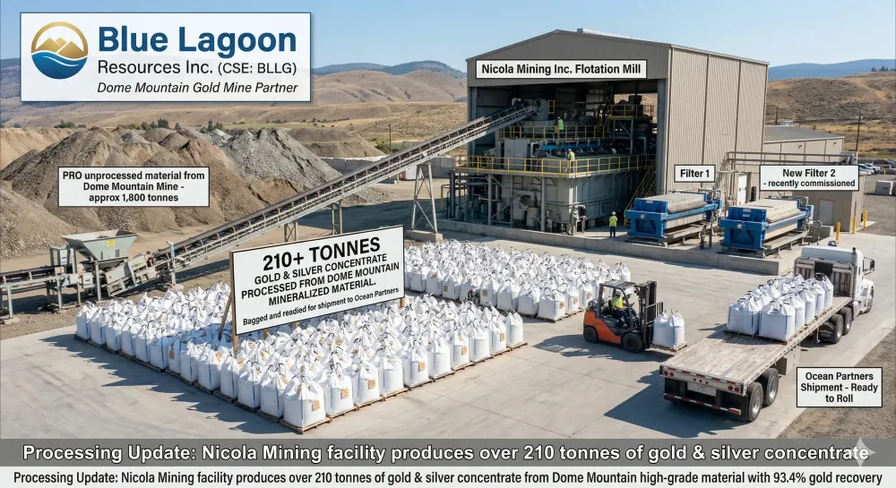 BLUE LAGOON’S MILLING PARTNER HAS PROCESSED 3,000 TONNES OF DOME MOUNTAIN MATERIAL PRODUCING OVER 210 TONNES OF GOLD & SILVER CONCENTRATE