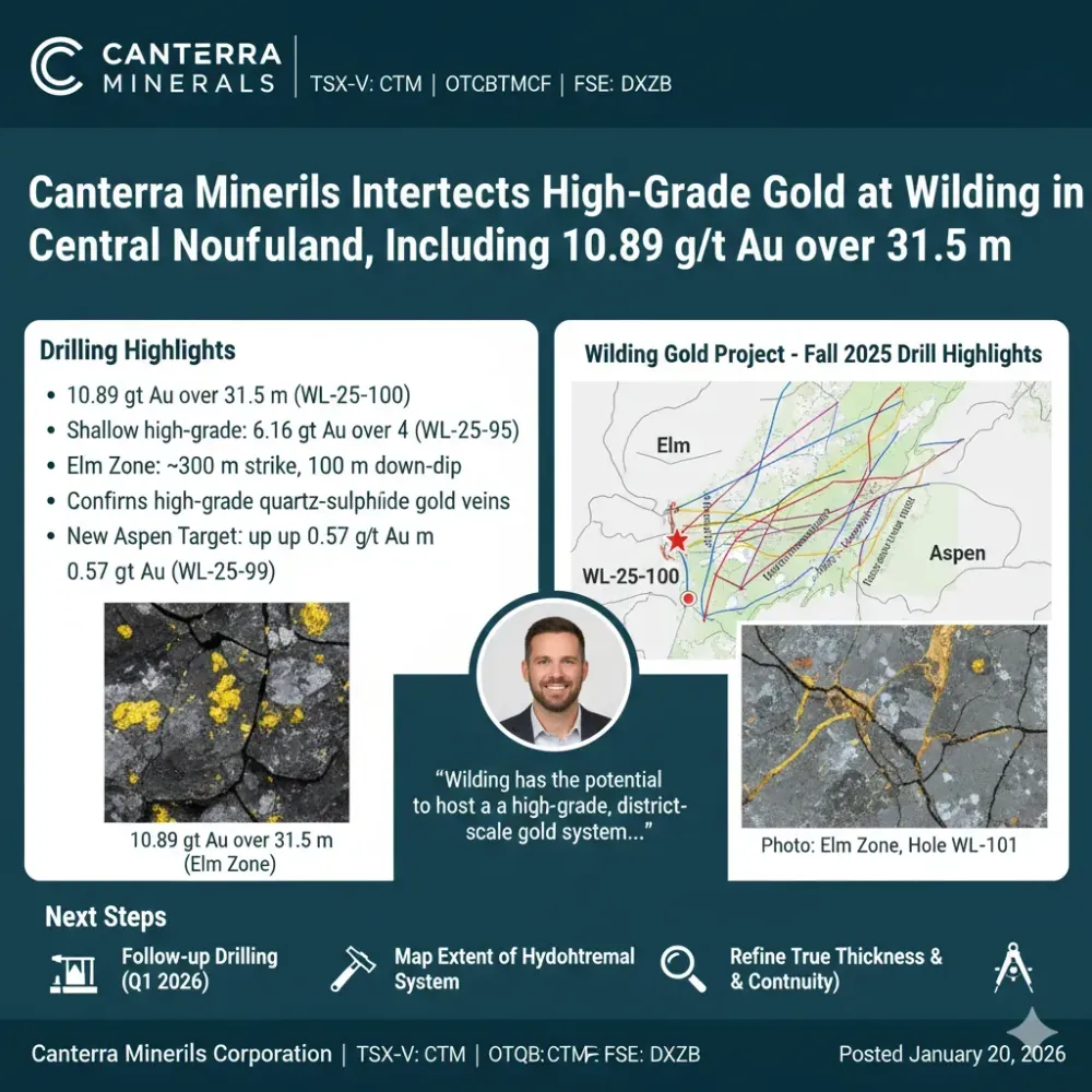 Canterra Minerals Intersects High-Grade Gold at Wilding in Central Newfoundland, Including 10.89 g/t Au over 31.5 m