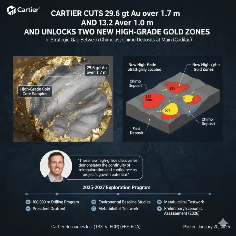Cartier Cuts 29.6 g/t Au over 1.7 m And 13.2 g/t Au over 1.0 m and Unlocks Two New High-Grade Gold Zones in Strategic Gap Between Chimo and East Chimo Deposits at Main (Cadillac)
