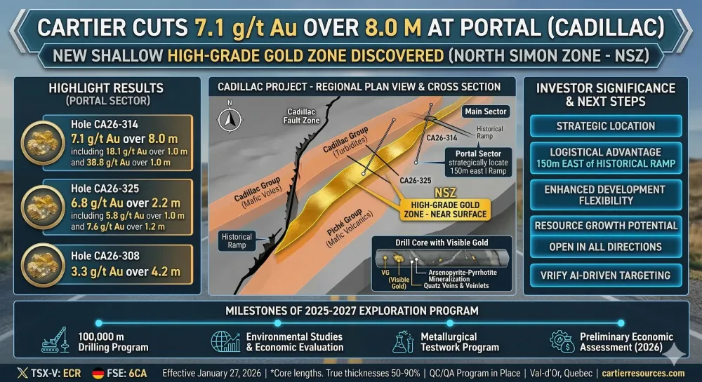Cartier Cuts 7.1 g/t Au over 8.0 m at Portal (Cadillac); New Shallow High-Grade Gold Zone Discovered