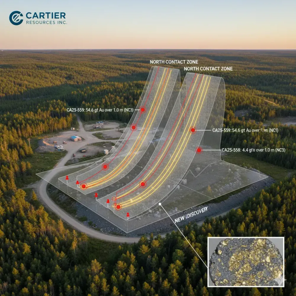 Cartier Discovers Multiple Shallow High-Grade Gold Zones at Cadillac; Cuts 54.6 g/t Au over 1.0 m and 4.4 g/t Au over 6.0 m; Extends North Contact Zone 500 Meters East on Strike