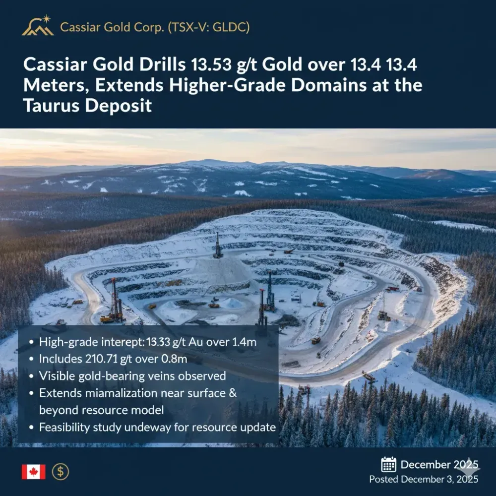 Cassiar Gold Drills 13.53 g/t Gold over 13.4 Meters from 28.2 Meters Downhole, Including 210.71 g/t Gold over 0.8 m with 369.00 g/t Gold over 0.4 Meters from 39.8 m Downhole, Extends Higher-Grade Domains at the Taurus Deposit