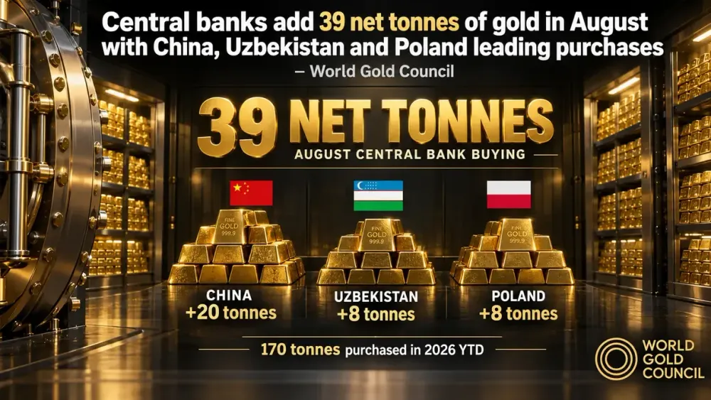 Central banks add 39 net tonnes of gold in August with China, Uzbekistan and Poland leading purchases – World Gold Council