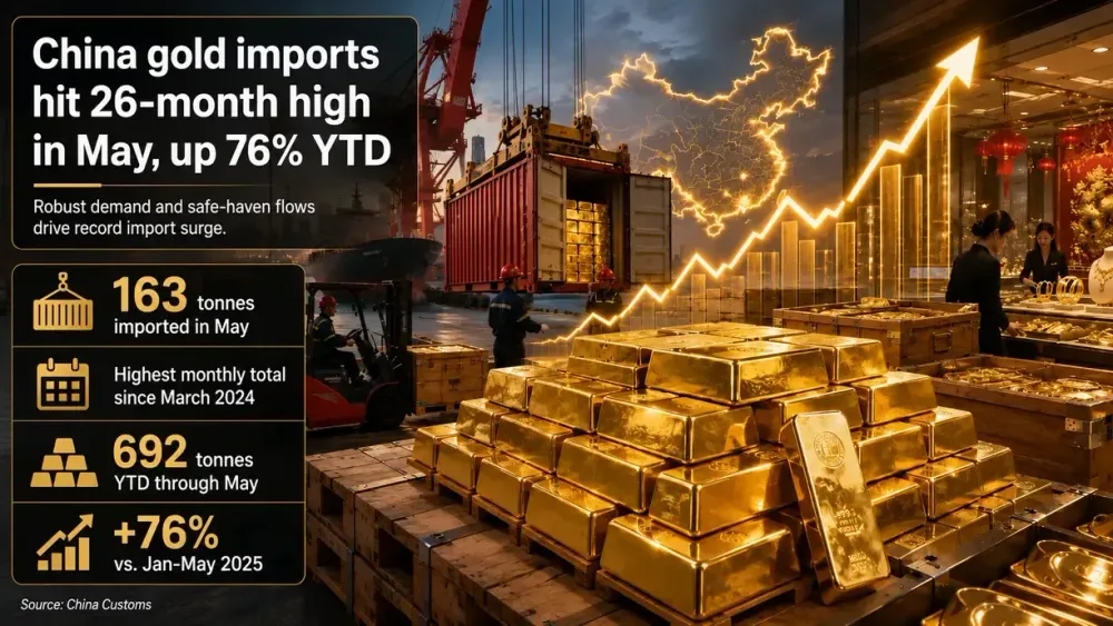 China gold imports hit 26-month high in May, up 76% YTD