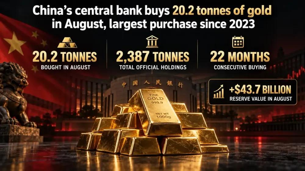 China’s central bank buys 20.2 tonnes of gold in August, largest purchase since 2023