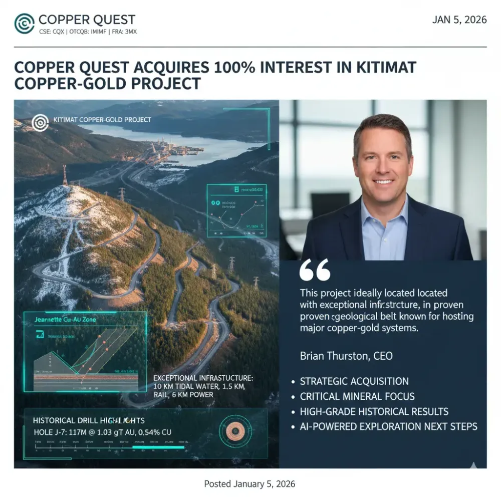 Copper Quest Acquires 100% Interest in the Kitimat Copper-Gold Project