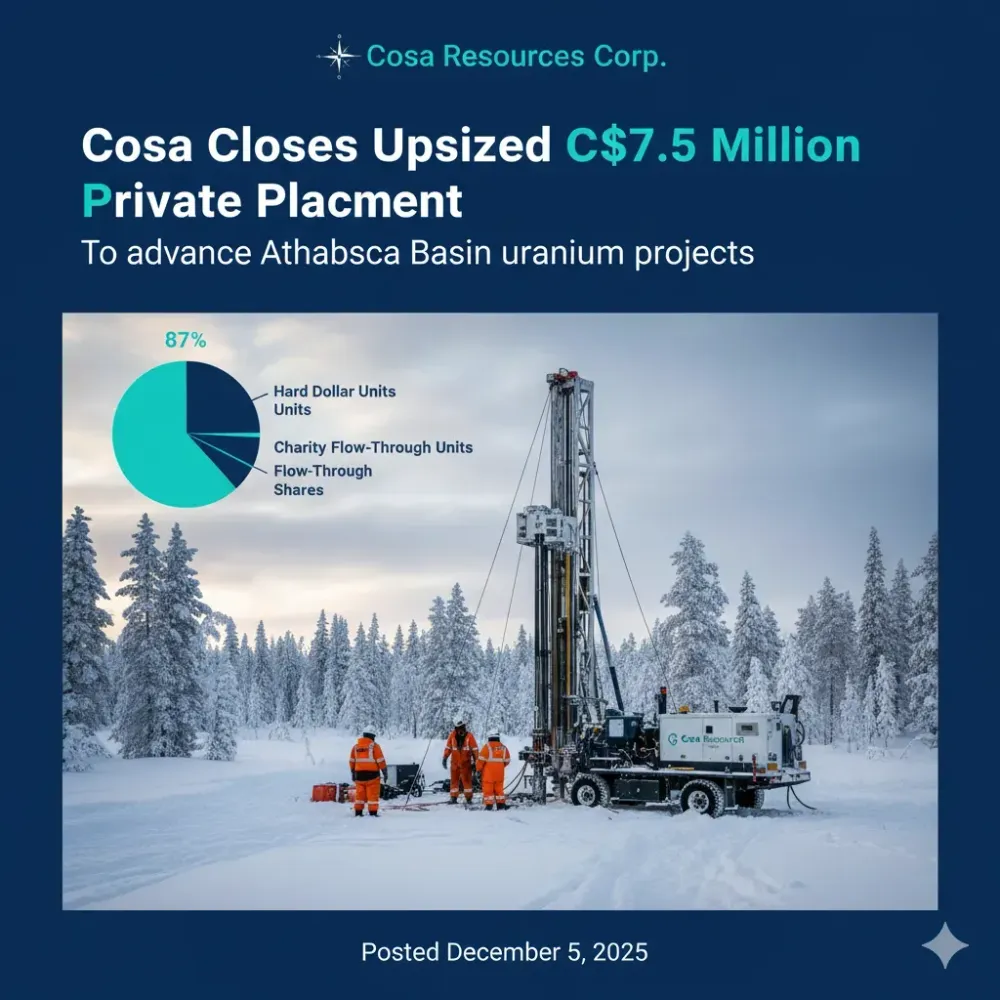 Cosa Closes Upsized C$7.5 Million Private Placement