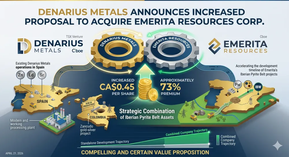 DENARIUS METALS ANNOUNCES INCREASED PROPOSAL TO ACQUIRE EMERITA RESOURCES CORP.