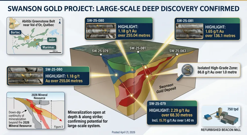 Drilling at Swanson Gold Deposit Confirms Large-Scale Gold Discovery with 1.18 g/t Au over 255.04 metres and 1.65 g/t Au over 136.01 metres