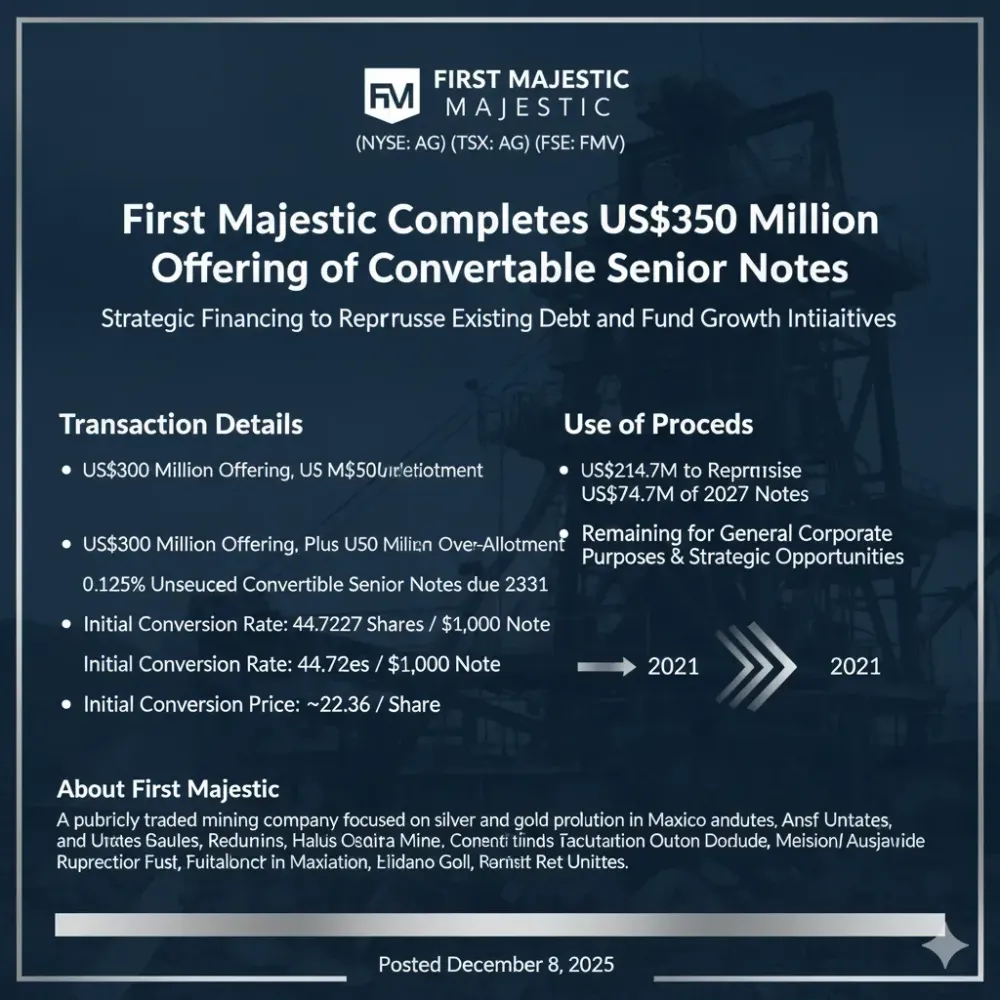 First Majestic Completes US$350 Million Offering of Convertible Senior Notes