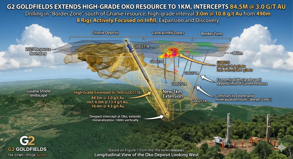 G2 Goldfields Extends High-Grade OKO Resource to Depths of 1km, Intercepts 84.5m @ 3.0 g/t Au
