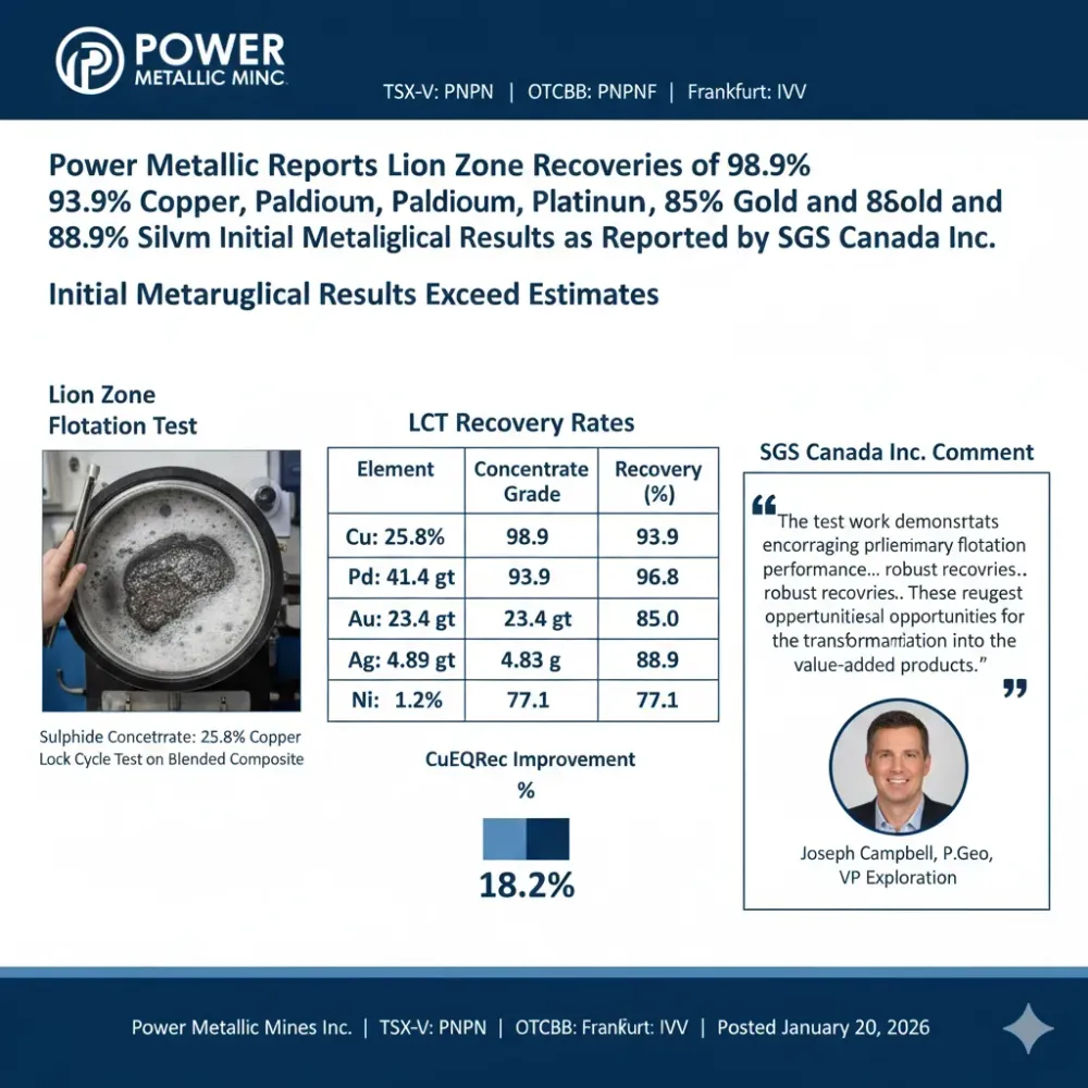 Power Metallic Reports Lion Zone Recoveries of 98.9% Copper, 93.9% Palladium, 96.8% Platinum, 85% Gold and 88.9% Silver from Initial Metallurgical Results as Reported by SGS Canada Inc.