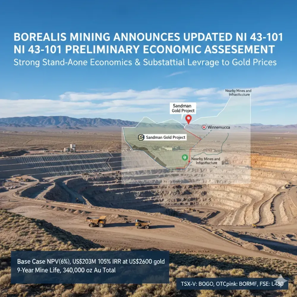 BOREALIS MINING ANNOUNCES UPDATED NI 43-101 PRELIMINARY ECONOMIC ASSESSMENT FOR THE SANDMAN GOLD PROJECT HIGHLIGHTING STRONG STAND-ALONE ECONOMICS, ADR-ENABLED CAPITAL EFFICIENCY AND SUBSTANTIAL LEVERAGE TO GOLD PRICES