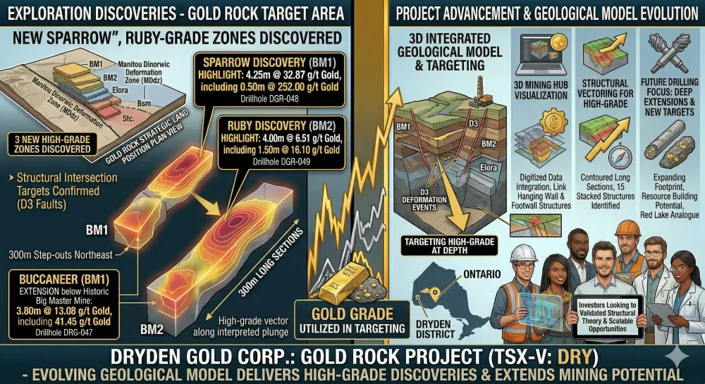 Dryden Gold Discovers Three New High-Grade Zones with 4.25 Meters Grading 32.87 g/t Gold Including 0.50 Meters of 252.00 g/t Gold at Gold Rock