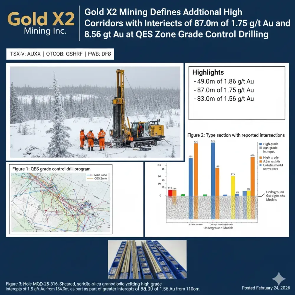Gold X2 Mining Defines Additional High Grade Corridors with Intersects of 87.0m of 1.75 g/t Au and 83.0m @ 1.56 g/t Au at QES Zone Grade Control Drilling