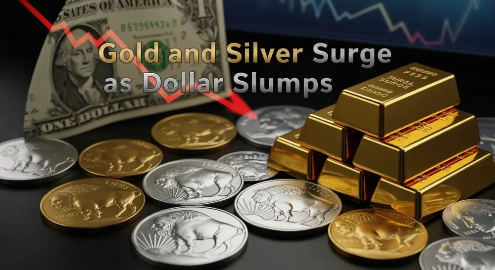 Gold and silver surge as dollar slumps