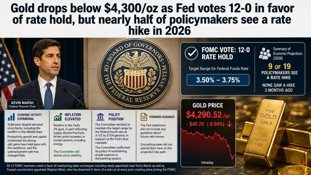Gold drops below $4,300oz as Fed votes 12-0 in favor of rate hold, but nearly half of policymakers see a rate hike in 2026