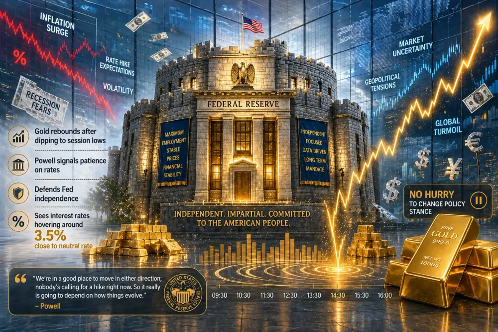 Gold prices bounce off session lows as Powell signals patience on rates, defends Fed independence