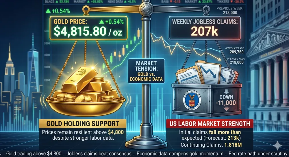 Gold prices holding $4,800 as US weekly jobless claims fall to 207k