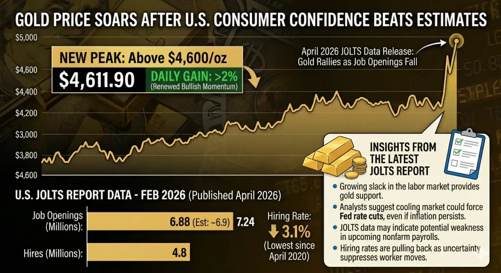 Gold prices push back above $4,600 as JOLTS shows drop in US job openings