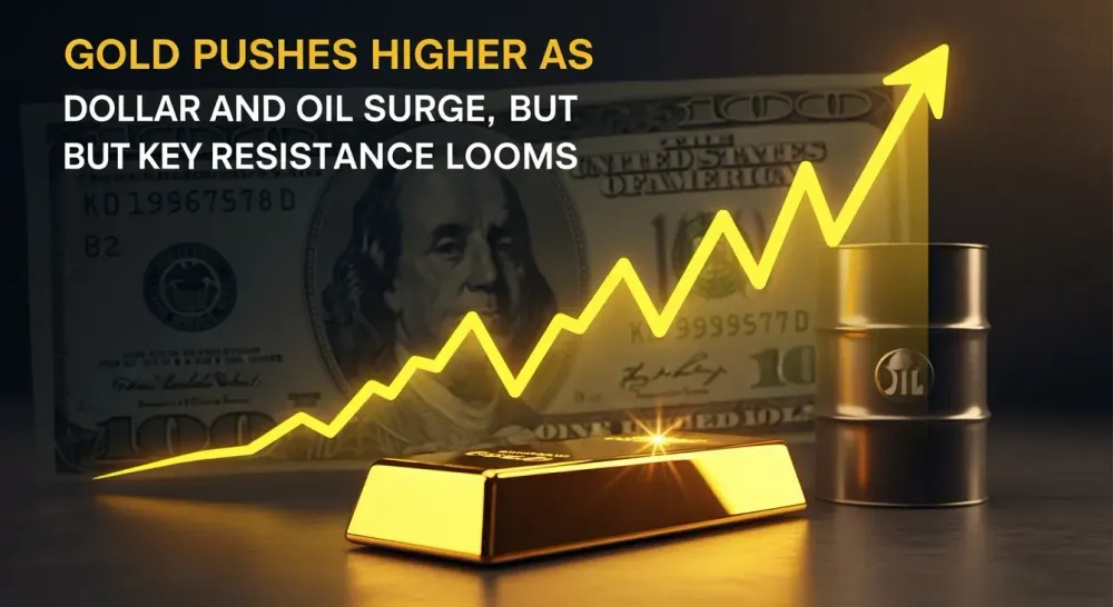 Gold pushes higher as dollar and oil surge, but key resistance looms