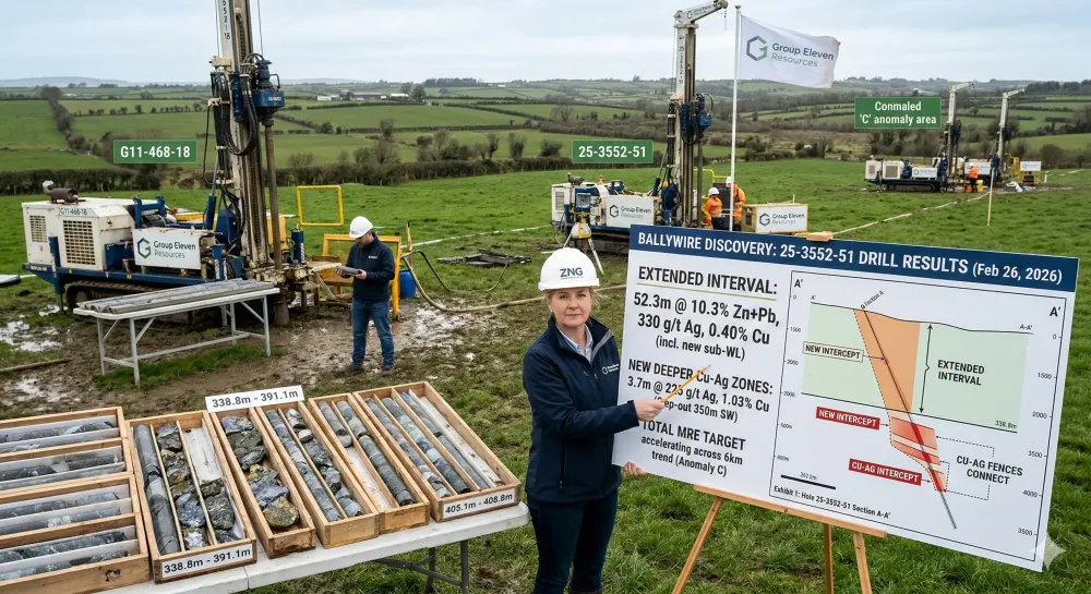 Group Eleven Extends Previous Hit to 52.3m of 10.3% Zn+Pb, 330 g/t Ag and 0.40% Cu, Plus Drills Three New Deeper Cu-Ag Zones in 350m Step-Out, incl. 3.7m of 225 g/t Ag and 1.03% Cu