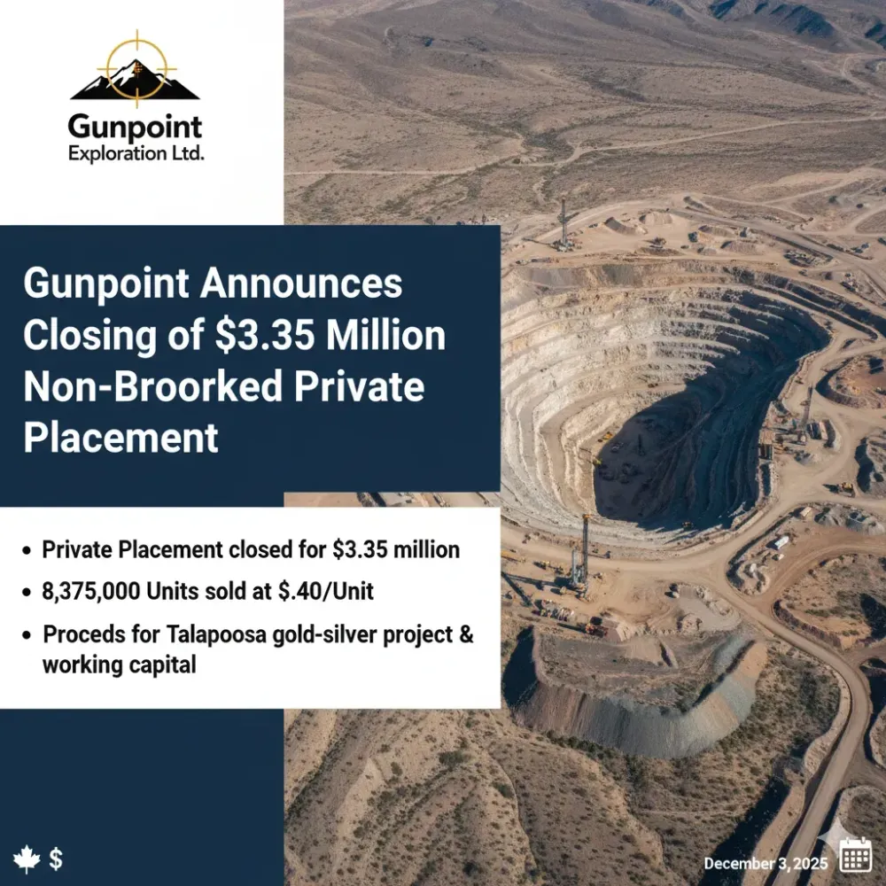 Gunpoint Announces Closing of $3.35 Million Non-Brokered Private Placement