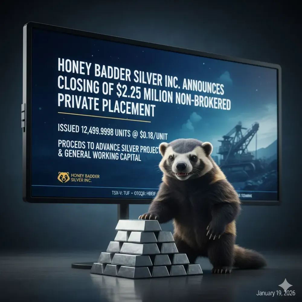 HONEY BADGER ANNOUNCES CLOSING OF $2.25 MILLION NON-BROKERED PRIVATE PLACEMENT