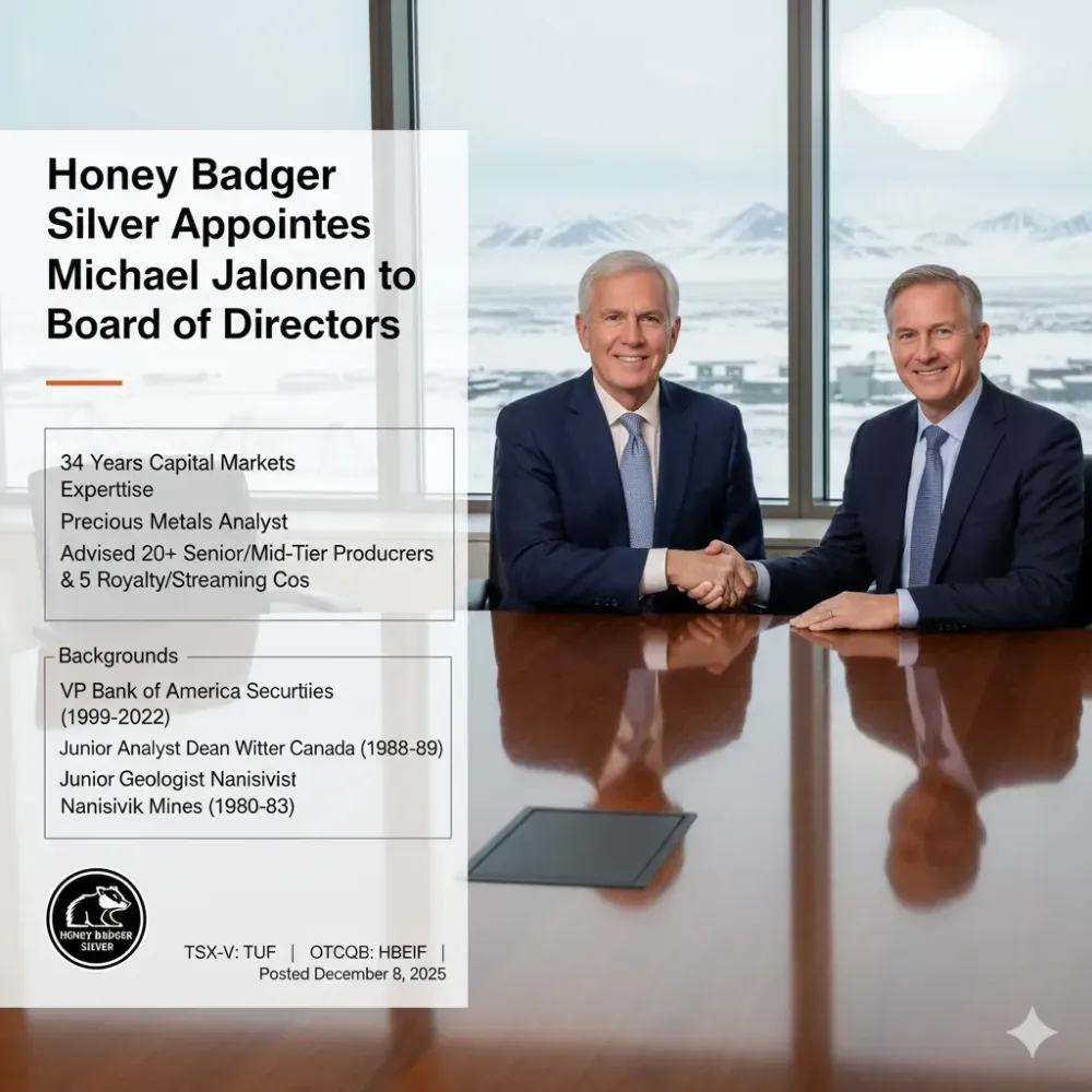 Honey Badger Silver Appoints Michael Jalonen to Board of Directors