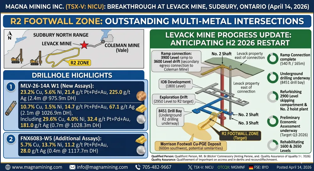 Magna Mining Intersects 23.2% Copper, 5.6% Nickel, 21.4 g/t Platinum + Palladium + Gold, and 225.0 g/t Silver over 2.4 metres and Provides an Update on Progress at the Levack Mine in Sudbury, Ontario