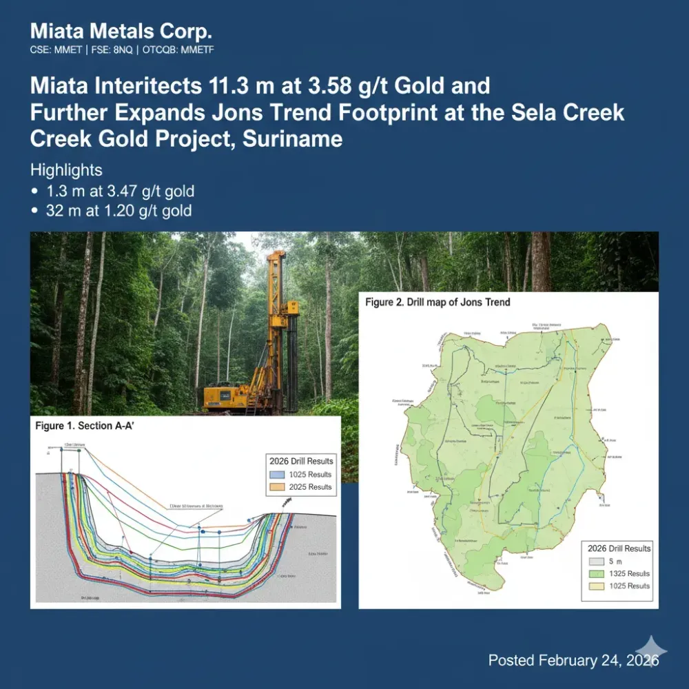Miata Intersects 11.3 m at 3.58 g/t Gold and Further Expands Jons Trend Footprint at the Sela Creek Gold Project, Suriname