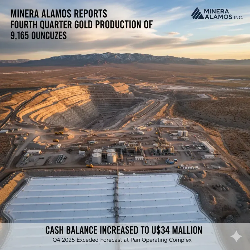 Minera Alamos Reports Fourth Quarter Gold Production Of 9,165 Ounces From The Pan Operating Complex; Cash Balance Increased To US$34 Million