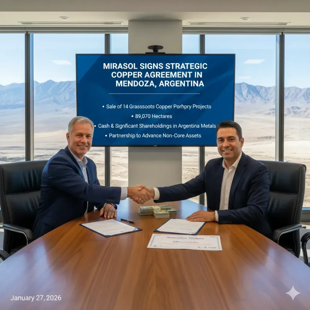 Mirasol Signs Agreement for the Sale of a Portfolio of Copper Projects in Mendoza, Argentina