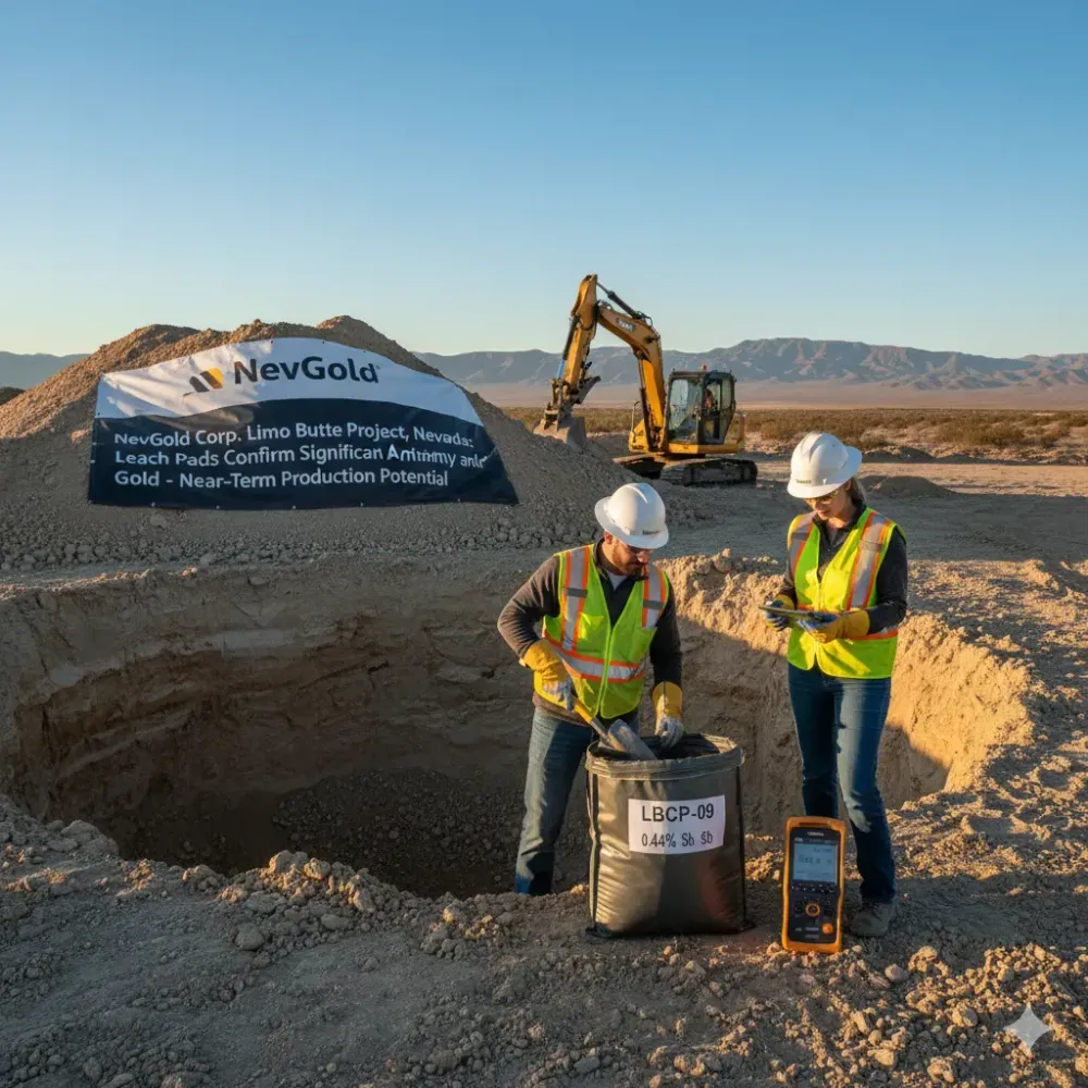 NevGold Identifies Large Quantities of Previously Mined Material With Significant Antimony And Near-Term Production Potential In Historical Leach Pads at Limo Butte, Nevada