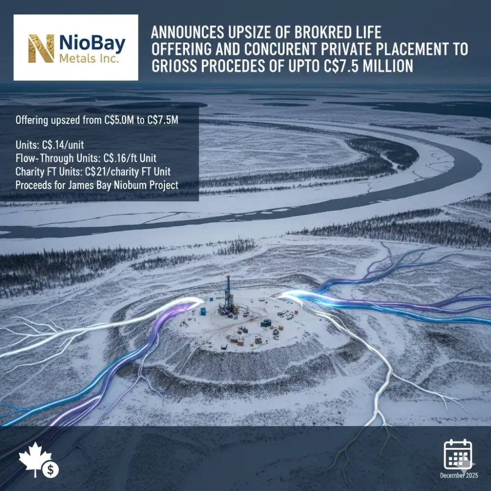 NioBay Metals Announces Upsize of Brokered LIFE Offering and Concurrent Private Placement to Gross Proceeds of Up to C$7.5 Million