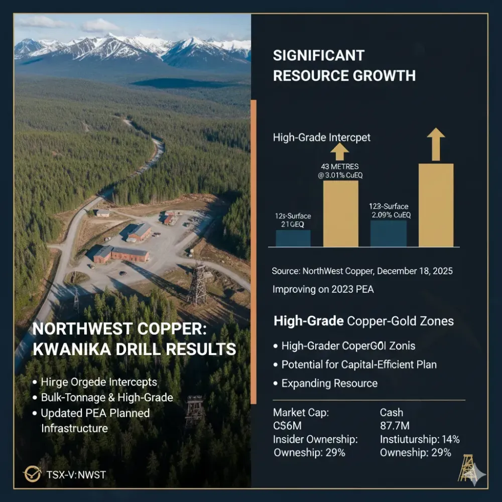 NorthWest Reports Results from Two Holes at its Kwanika Property Highlighted by a High-Grade Intercept of 43 Metres Grading 1.83 % Cu, 1.28 G/T Au (3.01% CuEq) from 260 Metres