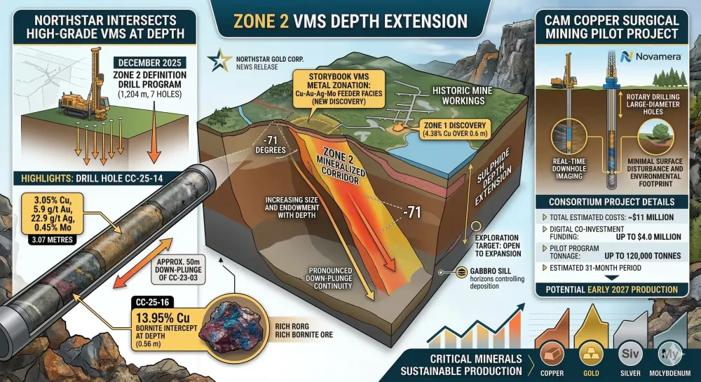 Northstar Intersects High-Grade VMS Depth Extension at Cam Copper 3.05% Cu, 5.9 g/t Au, 22.9 g/t Ag, 0.45% Mo over 3.07 Metres; 13.95% Cu Bornite Intercept at Depth