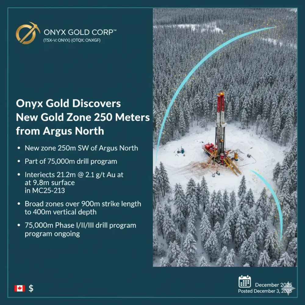 Onyx Gold Discovers New Gold Zone 250 meters from Argus North