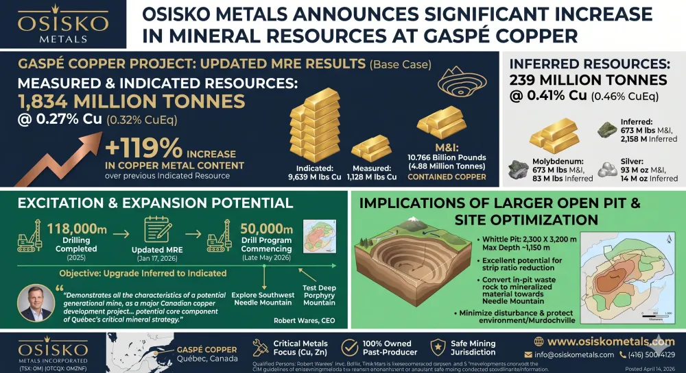 Osisko Metals Announces Significant Increase in Mineral Resources at Gaspé Copper