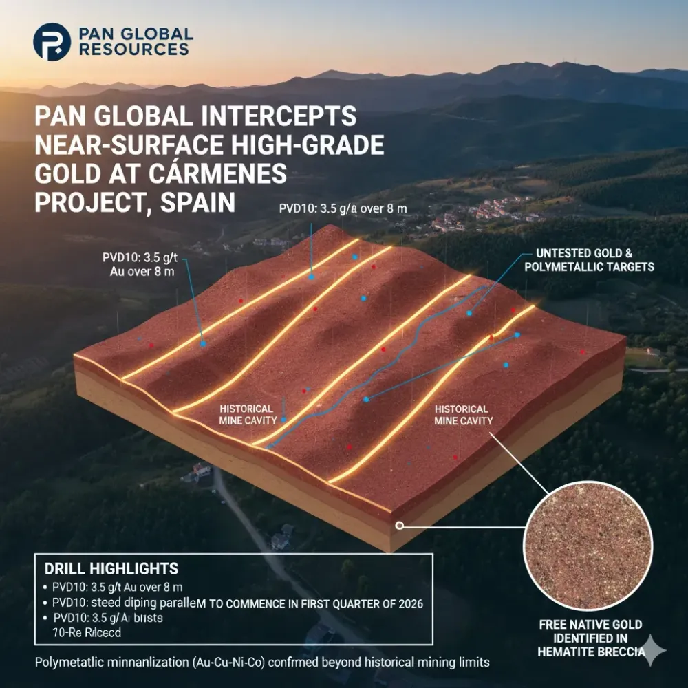 PAN GLOBAL INTERCEPTS NEAR-SURFACE HIGH-GRADE GOLD AT THE CÁRMENES PROJECT, SPAIN