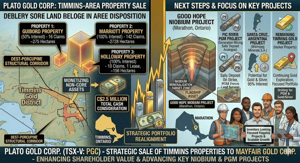 Plato Gold Corp. Announces Sale of Timmins-Area Properties to Mayfair Gold Corp.