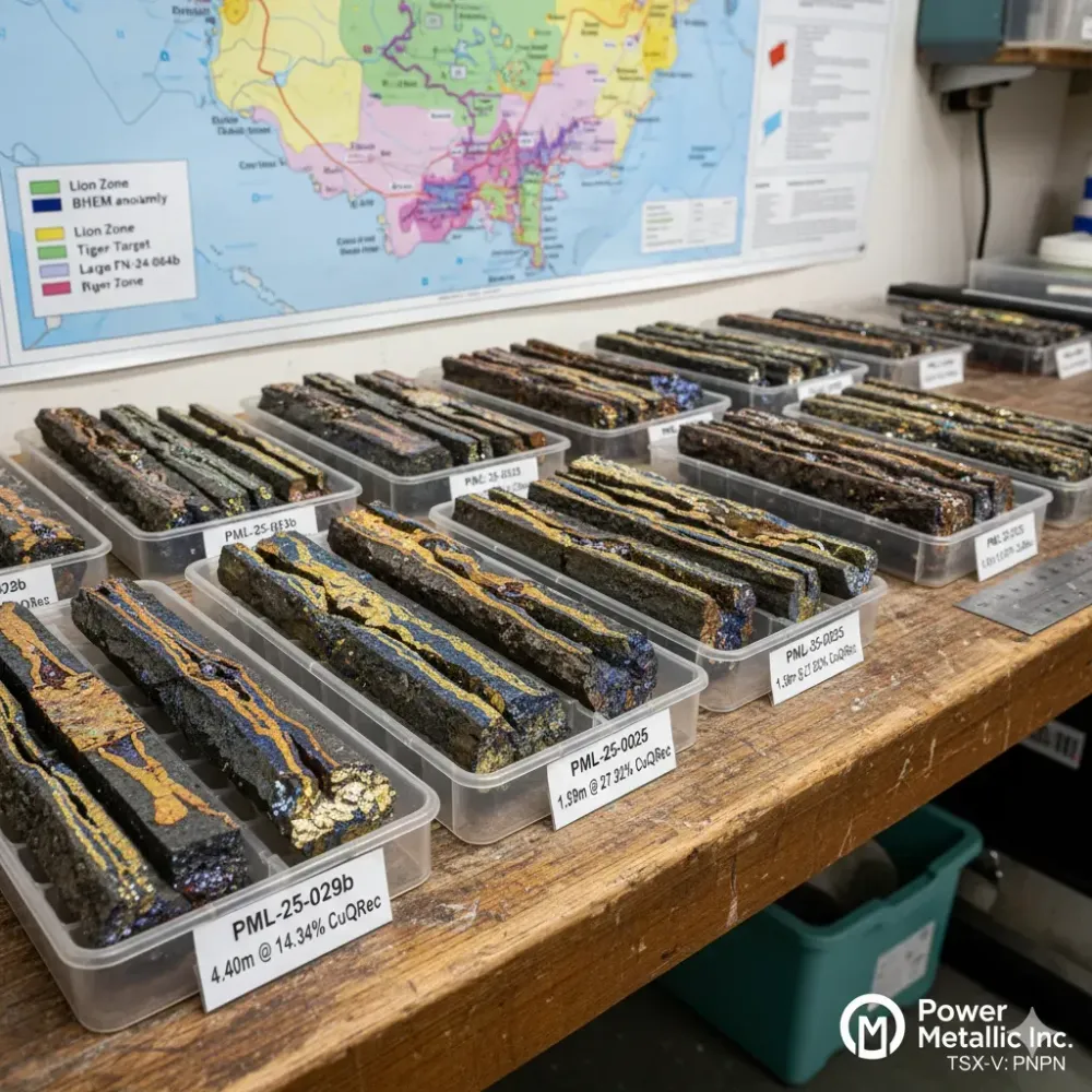 Power Metallic Intercepts 4.40 Meters of 12.18% Cu (14.34% CuEqRec) included within 20.40 Meters of 2.91% Cu (3.58% CuEqRec) in Hole 25-029b at Lion, and Completes the Extension of PN-24-064 to define large off-hole BHEM anomaly