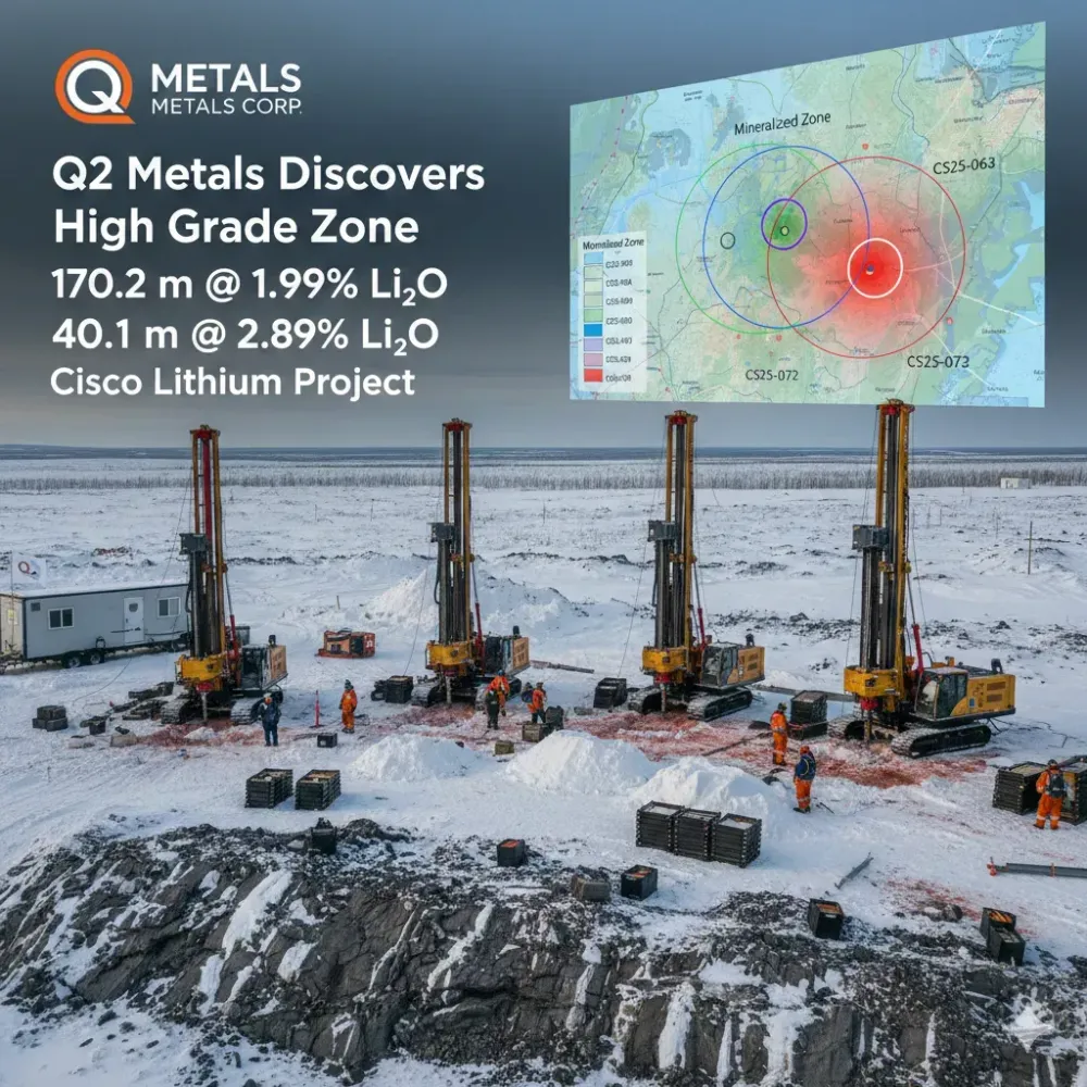 Q2 Metals Discovers High Grade Zone with 170.2 Metre Intercept of 1.99% Li₂O, Including 40.1 m of 2.89% Li₂O at the Cisco Lithium Project