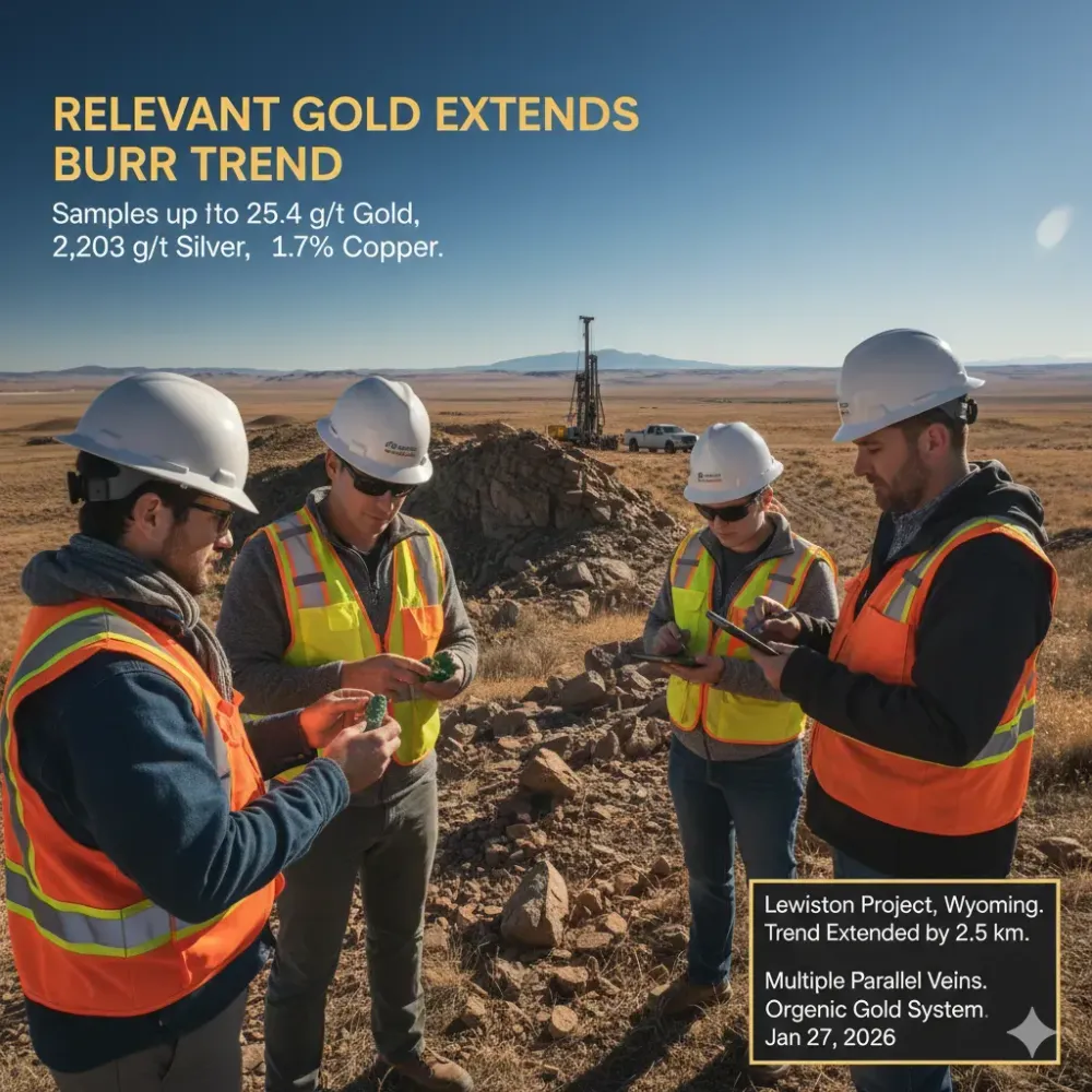 Relevant Gold Extends Burr Trend by 2.5 km and Samples 25.4 g/t Gold, 2,203 g/t Silver, and 12.7% Copper at Lewiston