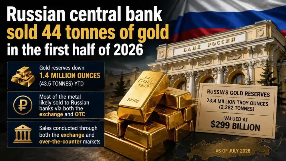 Russia’s central bank sold 44 tonnes of gold in the first half of 2026
