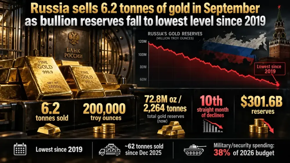 Russia sells 6.2 tonnes of gold in September as bullion reserves fall to lowest level since 2019